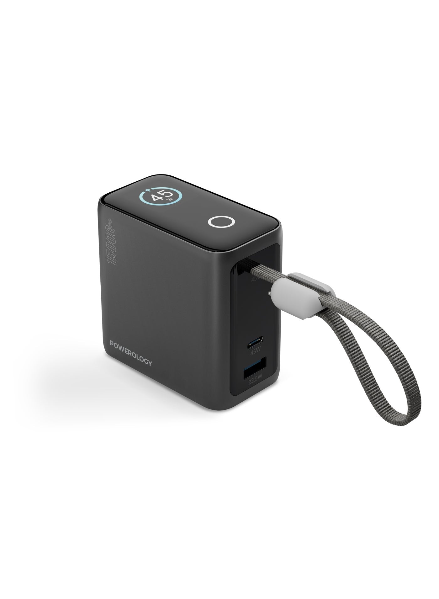 Powerology 15,000mAh Mini Powerbank 45W | Smart Color Display & Built-in USB-C Cable