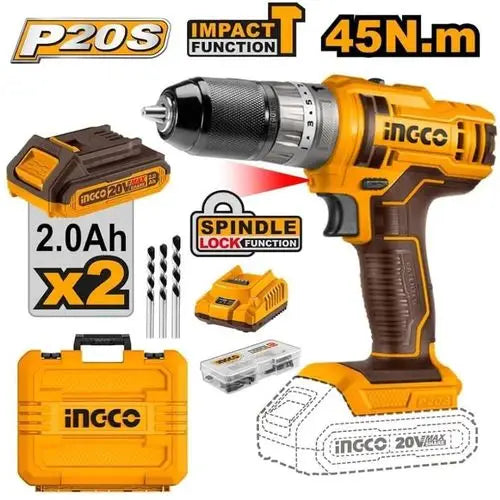 INGCO Cordless Impact Drill 20V, 2x2Ah