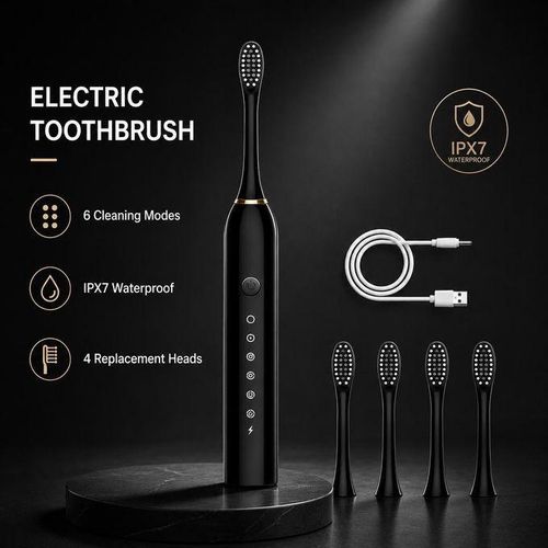 Electric Toothbrush – 6 Modes, IPX7 Waterproof, 4 Heads