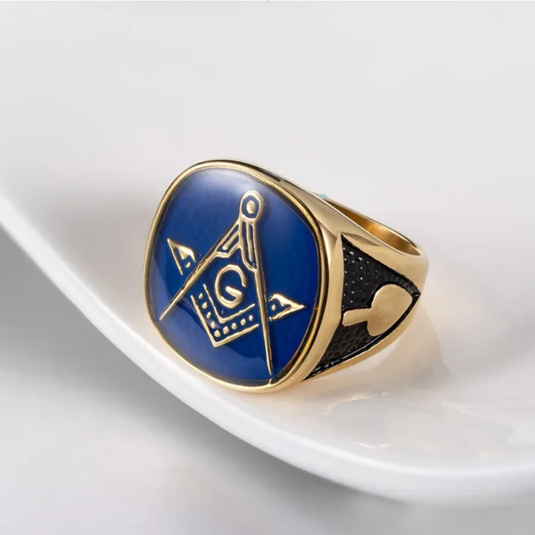 Masonic Brotherhood Illuminate Ring - Gold Blue Enamel