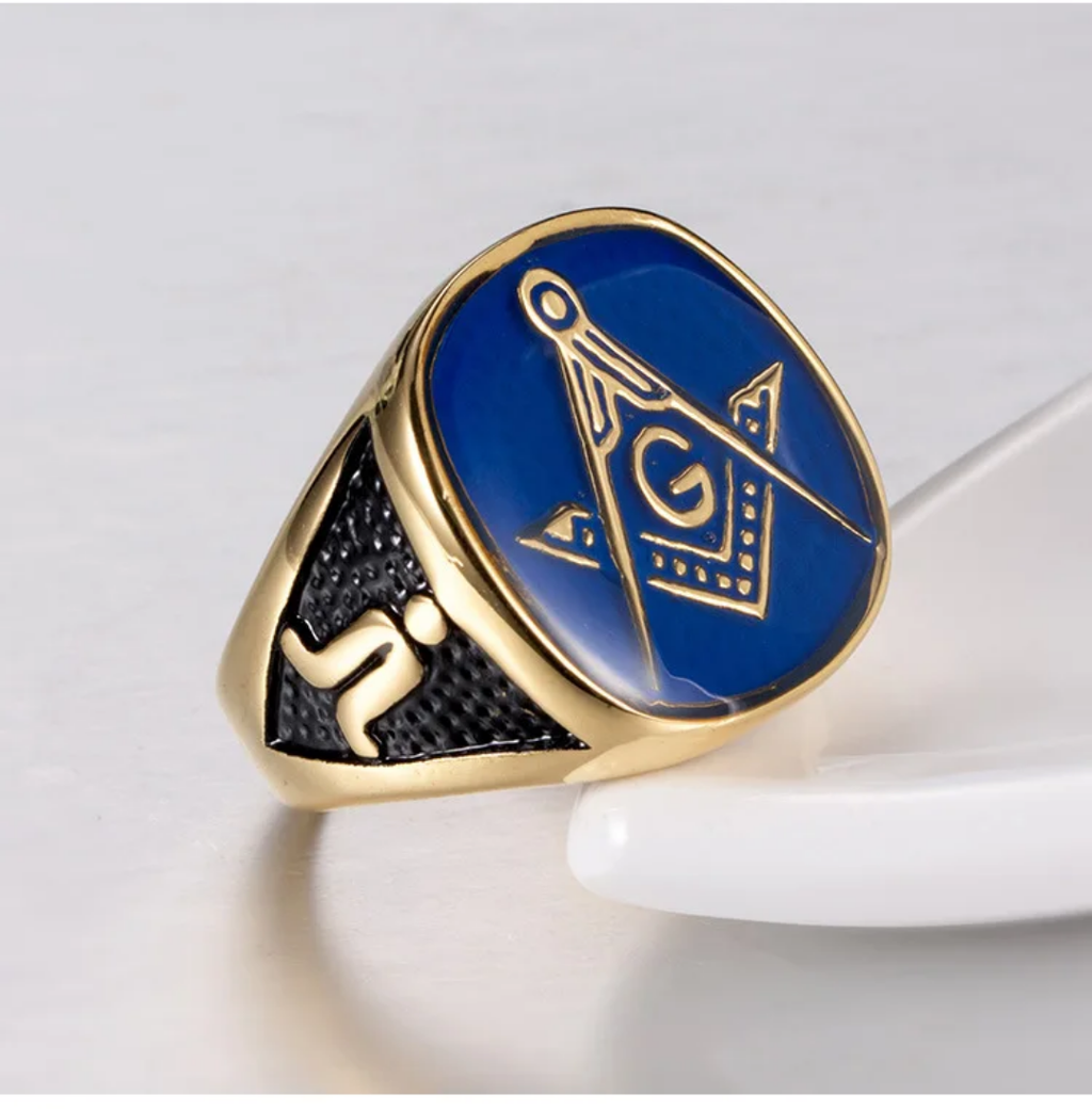 Masonic Brotherhood Illuminate Ring - Gold Blue Enamel