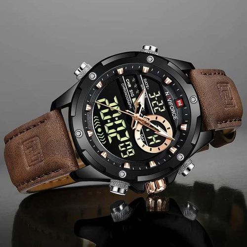 NAVIFORCE Sport Watch Brown Leather Dual Display
