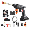Cordless Electric Pressure Washer Gun with full accessory kit including battery, hose, nozzles and carry case