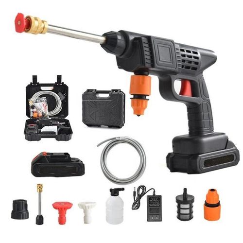 Cordless Electric Pressure Washer Gun with full accessory kit including battery, hose, nozzles and carry case