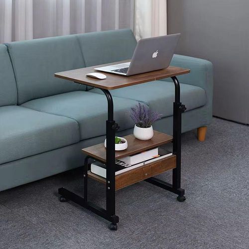 Adjustable Height Portable Laptop Desk with Storage Shelf - Walnut and Black beside sofa