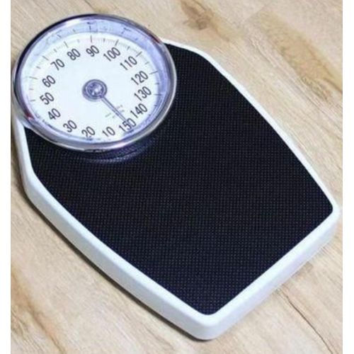 Black mechanical bathroom body weight scale with large analog dial showing up to 150kg