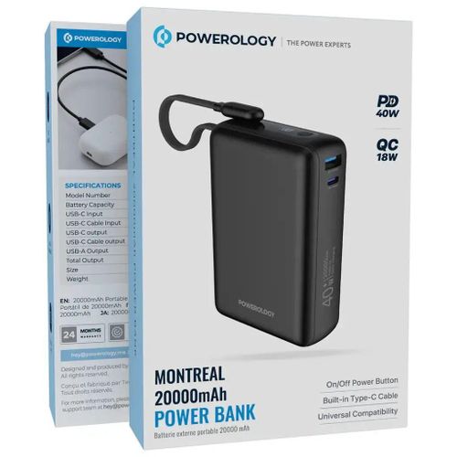 Powerology Montreal 20,000mAh Power Bank | 40W PD & 18W QC with Built-in USB-C Cable