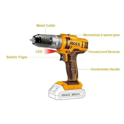 INGCO Cordless Impact Drill 20V, 2x2Ah