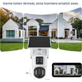Dual-Lens Solar PTZ Security Camera showing 90 degree wide coverage and smartphone app view