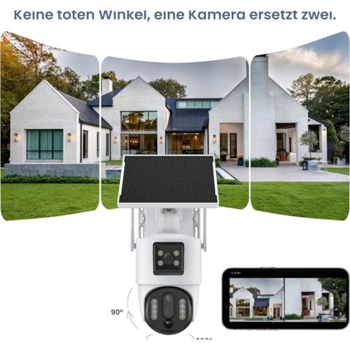 Dual-Lens Solar PTZ Security Camera showing 90 degree wide coverage and smartphone app view