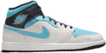 Air Jordan 1 Mid SE Blue Chill white suede sneakers with aqua blue accents