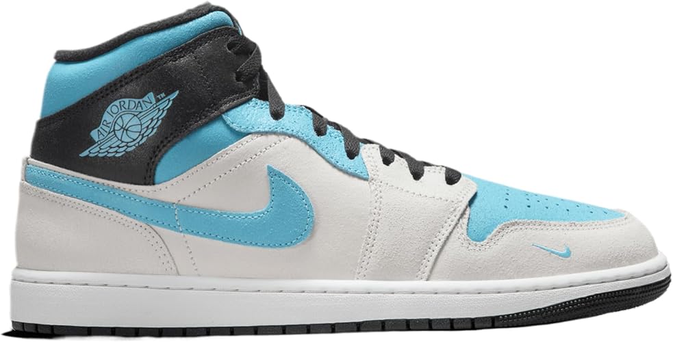 Air Jordan 1 Mid SE Blue Chill white suede sneakers with aqua blue accents