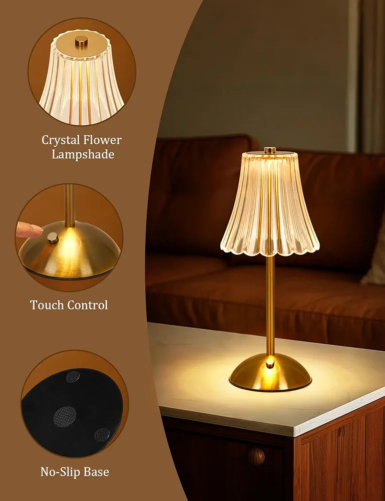 Crystal Flower LED Table Lamp – Touch Control, Rechargeable (Gold)