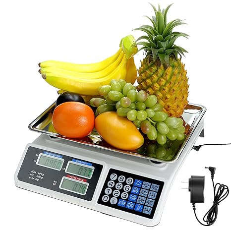 F1976 digital price computing scale with stainless steel tray loaded with fruits