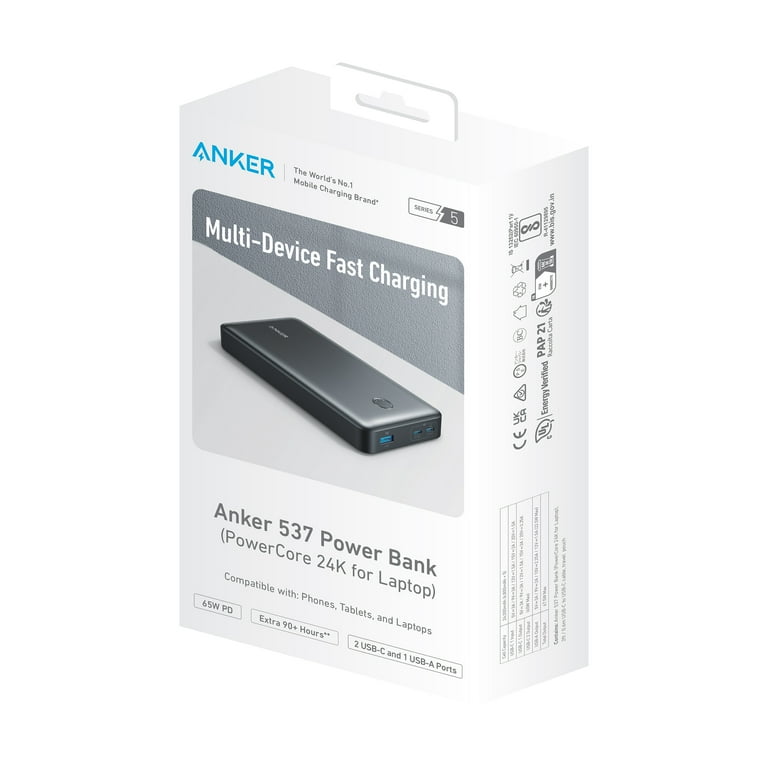 Anker 537 Power Bank (PowerCore 24K) 24,000mAh 65W | Laptop Charger for MacBook, iPad, iPhone