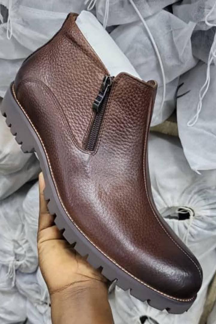 Brown Leather Zip Ankle Boots