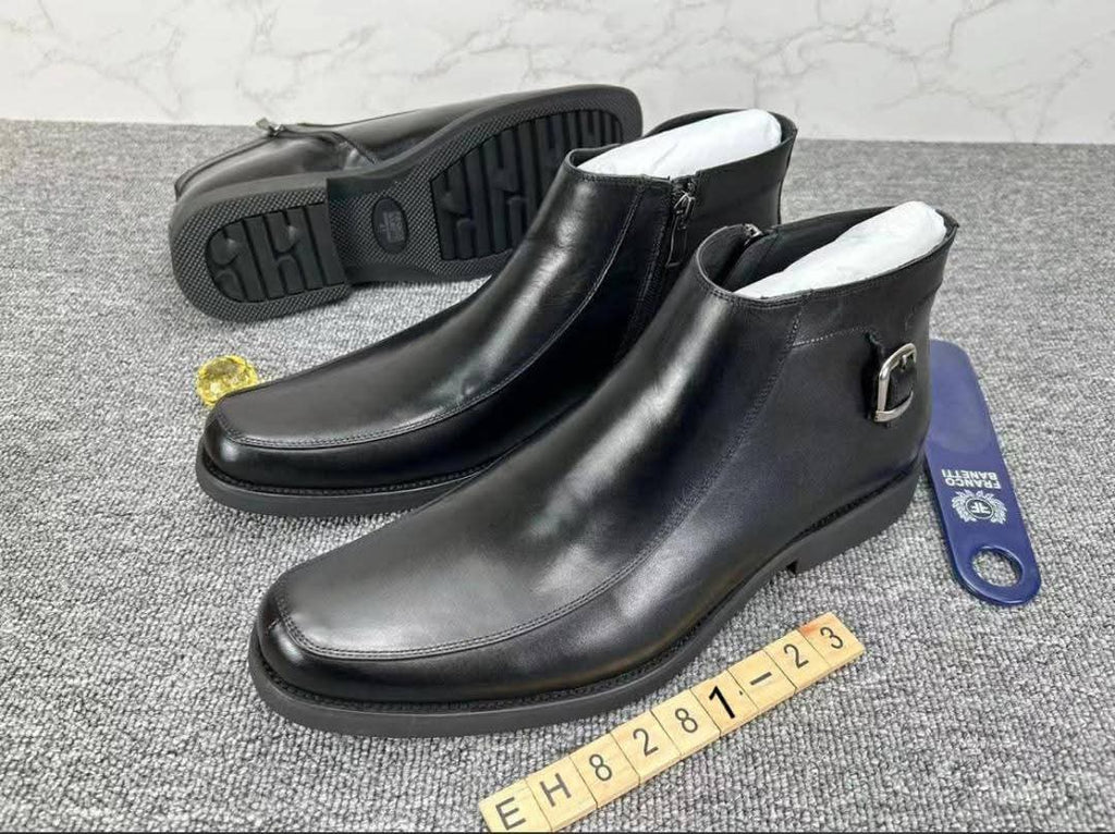 Black Leather Buckle Zip Ankle Boots