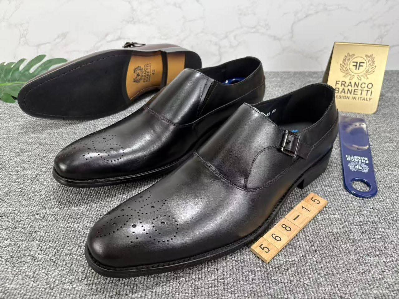Black Leather Single Monk Strap Brogue Dress Shoes
