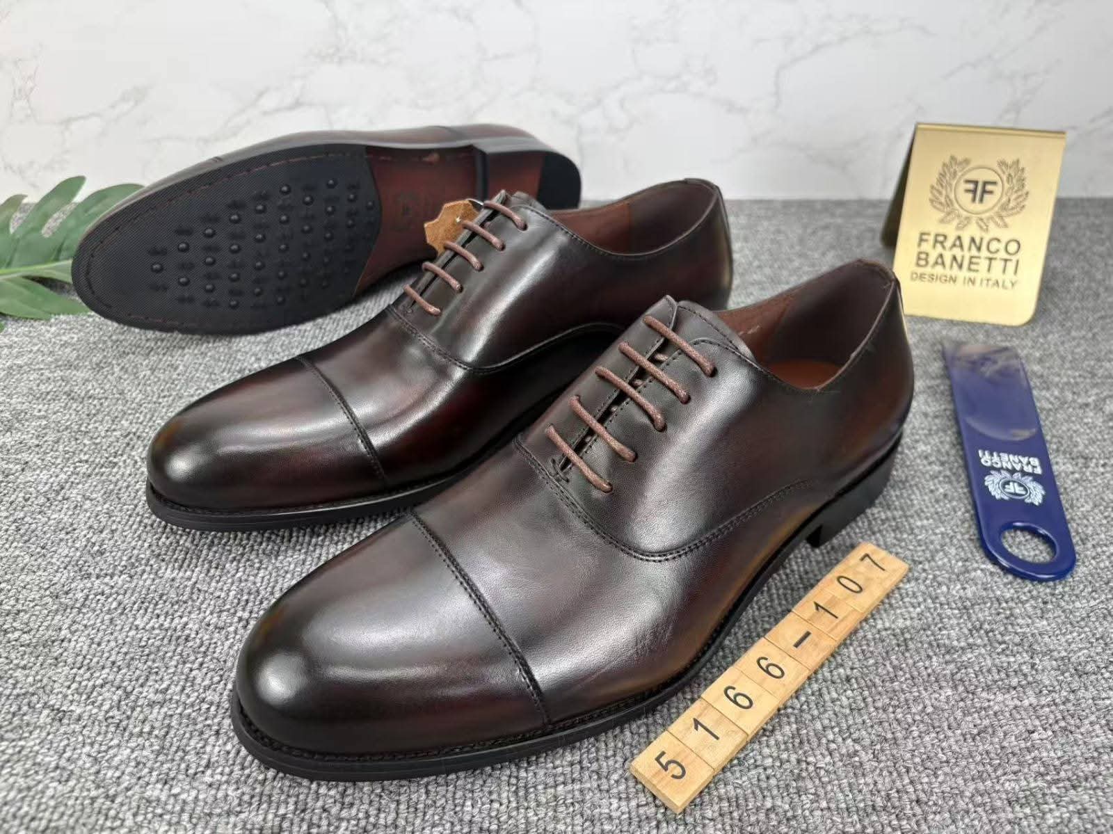 Dark Brown Burnished Leather Cap-Toe Oxford Dress Shoes