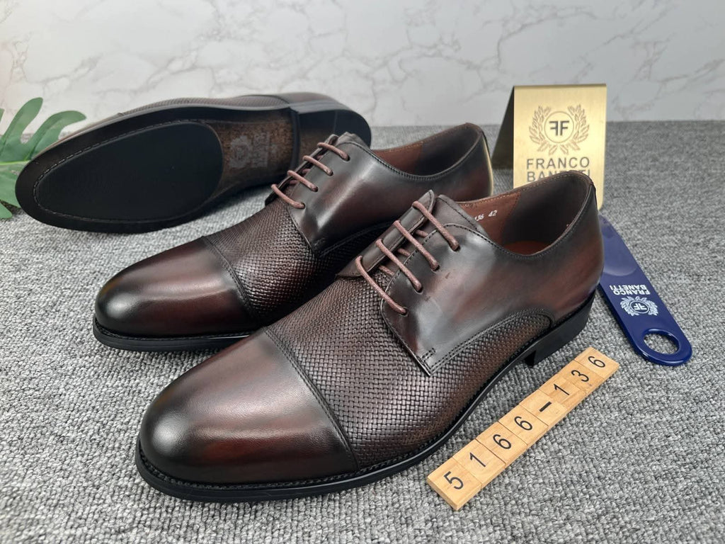 Dark Brown Leather Woven Texture Derby Dress Shoes