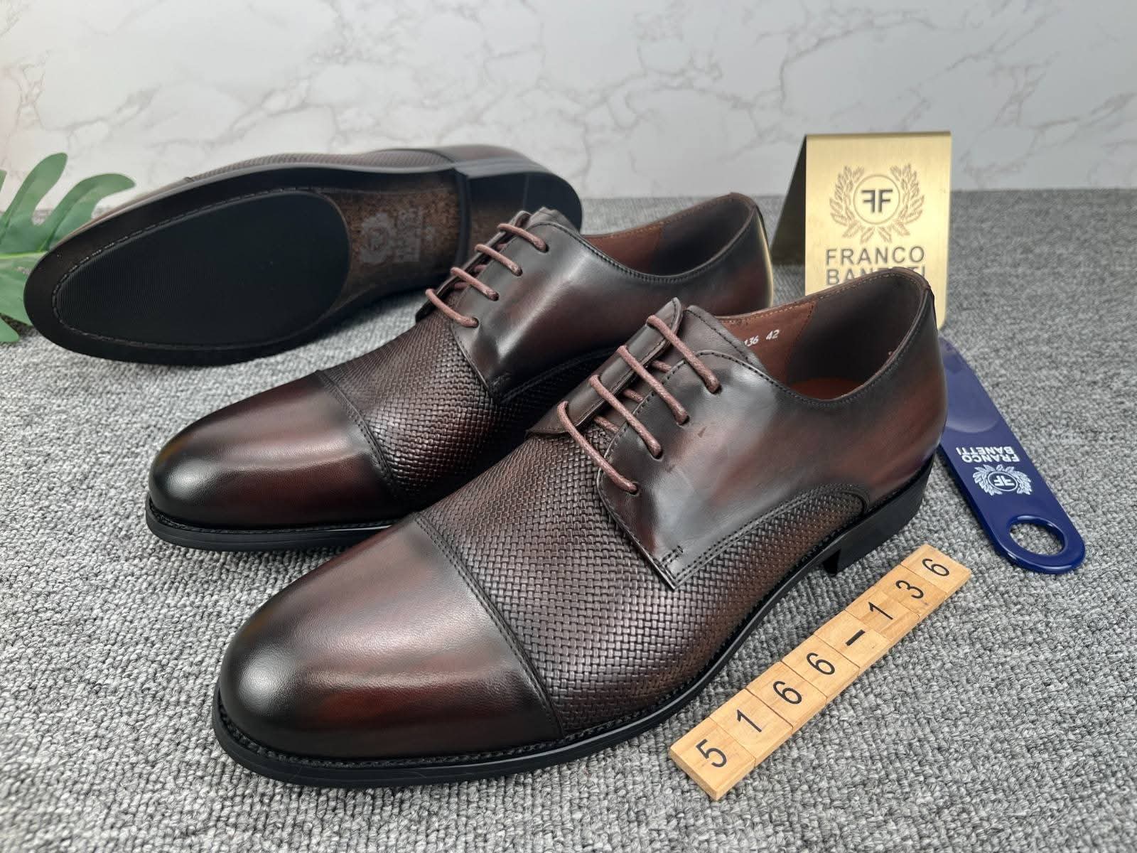 Dark Brown Leather Woven Texture Derby Dress Shoes