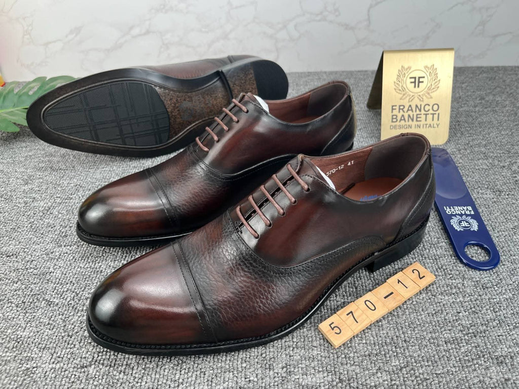 Dark Brown Pebbled Leather Cap-Toe Oxford Dress Shoes