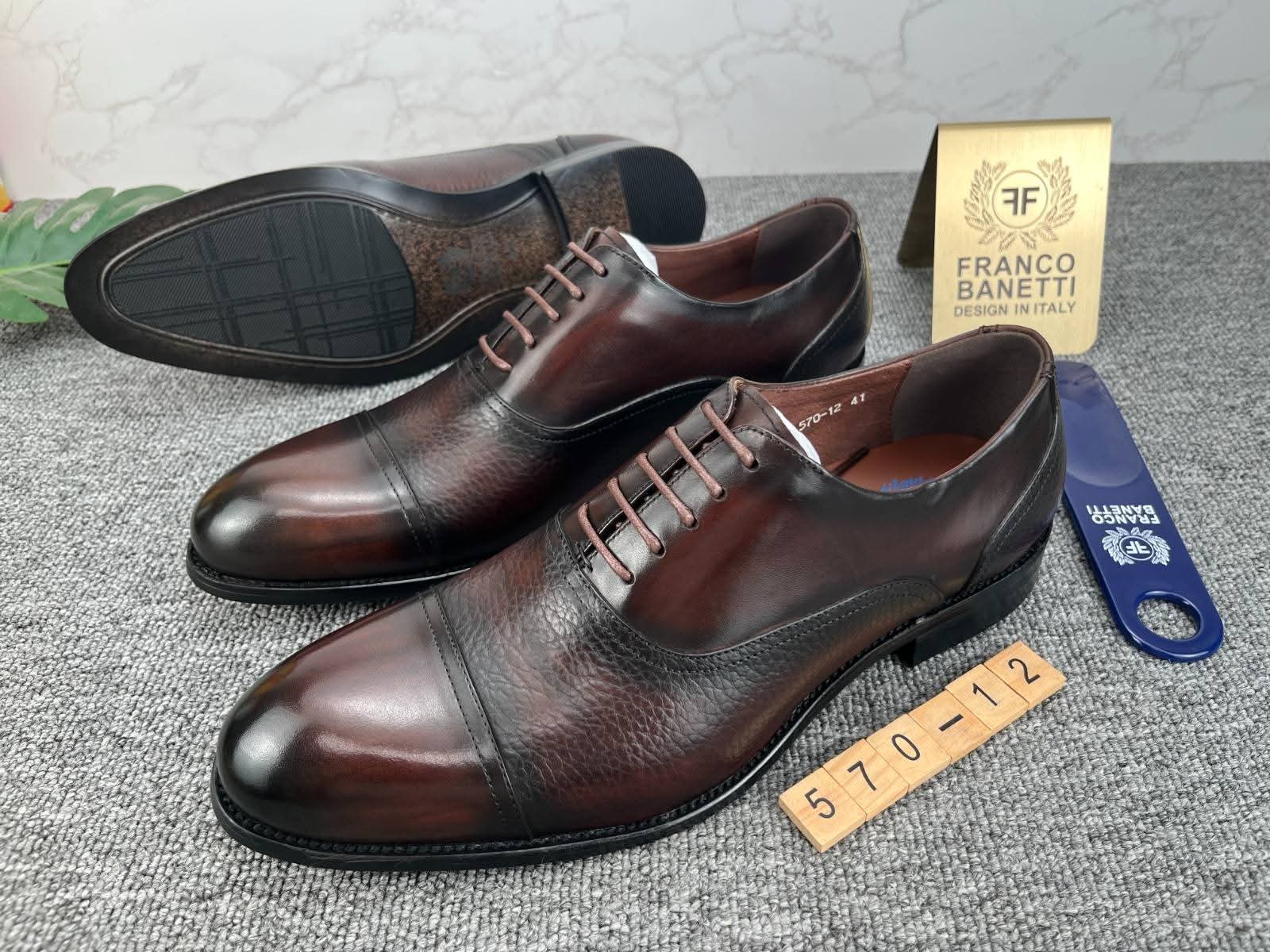 Dark Brown Pebbled Leather Cap-Toe Oxford Dress Shoes