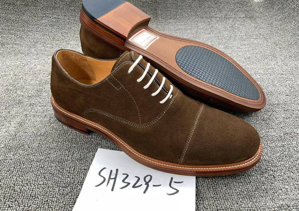 Olive Brown Suede Cap-Toe Oxford Dress Shoes
