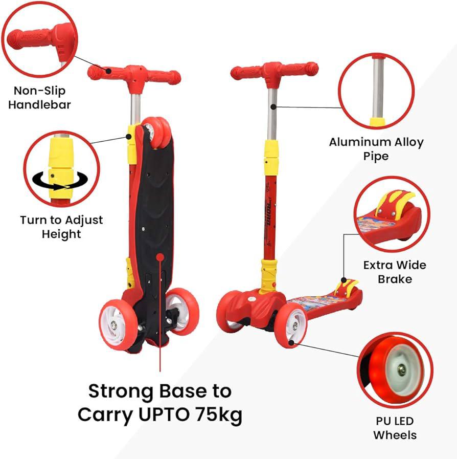 Kids 3-Wheel Kick Scooter with PU LED Wheels, Adjustable Height & Extra Wide Brake – Red