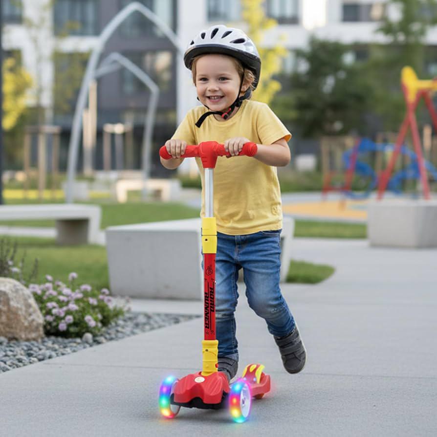 Kids 3-Wheel Kick Scooter with PU LED Wheels, Adjustable Height & Extra Wide Brake – Red