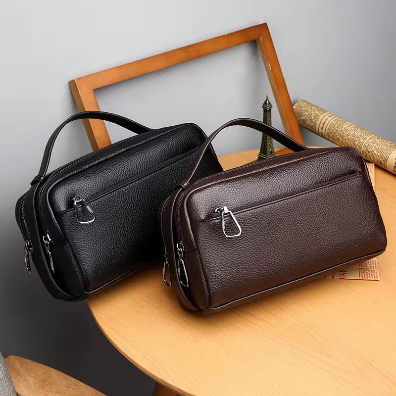 Men's Pebbled Leather Clutch Handbag – 4 Zip Compartments
