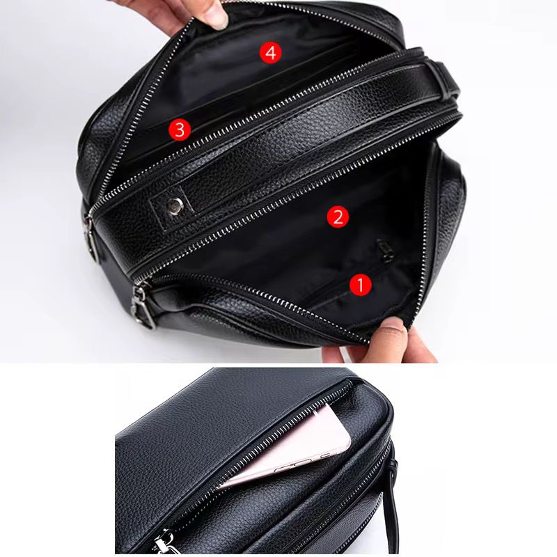 Men's Pebbled Leather Clutch Handbag – 4 Zip Compartments