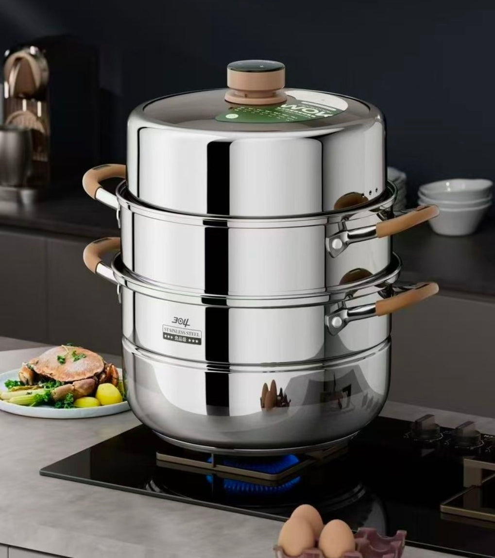 3-Layer Stainless Steel Food Steamer with Timer