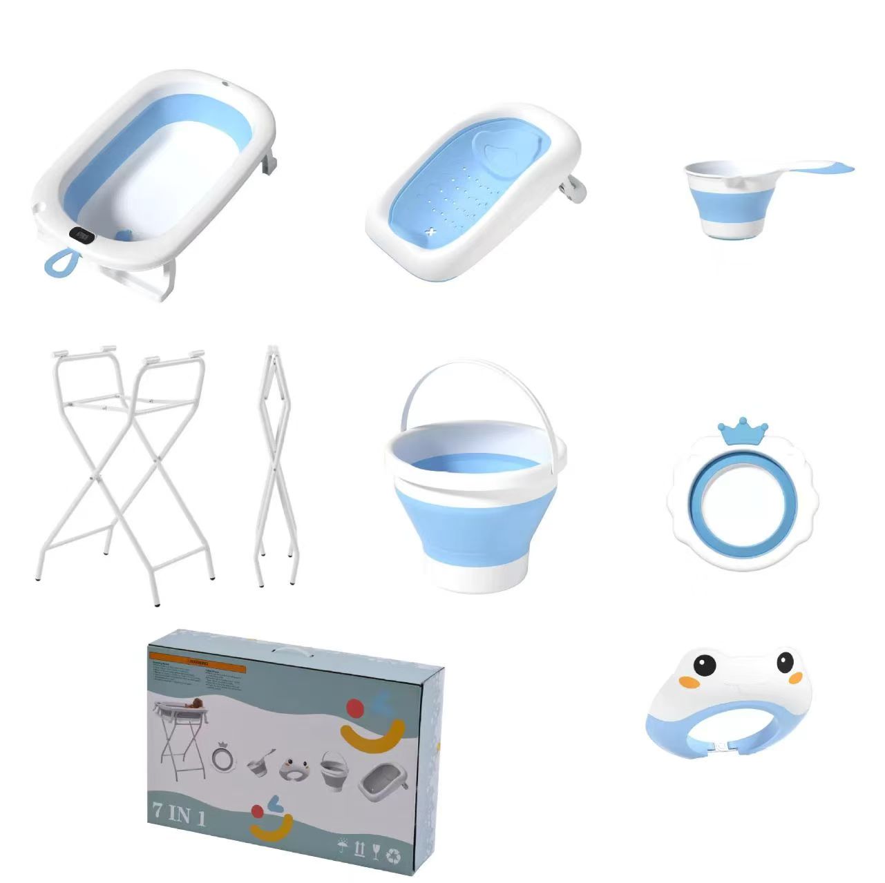 7-in-1 Baby Foldable Bath Tub Set with Sturdy Metal Stand