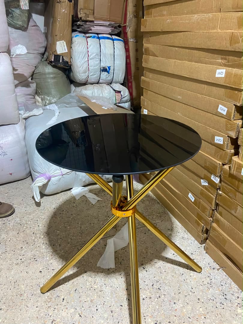 Round Black Glass Top Side Table with Gold Legs