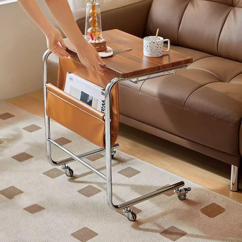C-Shape Sofa Side Table with Magazine Holder & Wheels