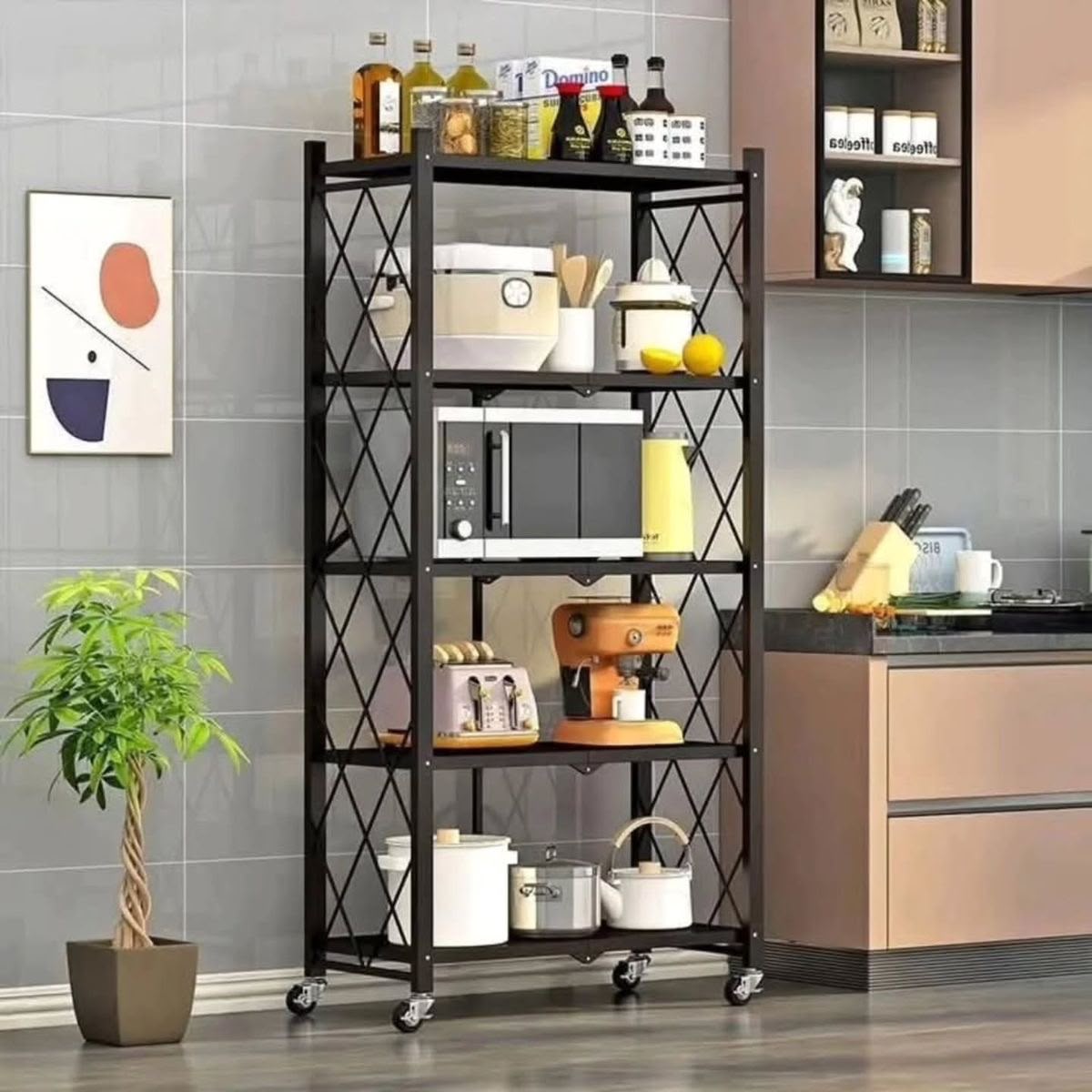5-Layer Metallic Foldable Kitchen Rack on Wheels