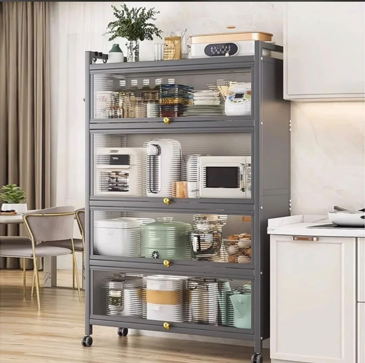 4-Tier Kitchen Storage Cabinet with Wheels & Glass Doors – Grey (80cm)
