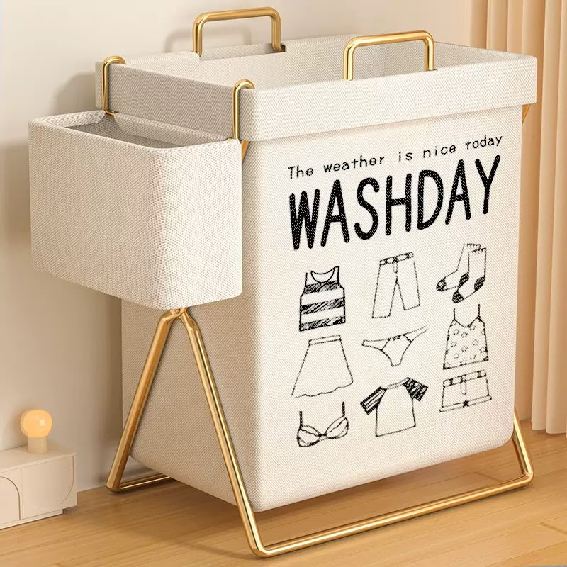 Washday Laundry Basket with Gold Metal Stand – Large Linen Hamper with Side Pocket
