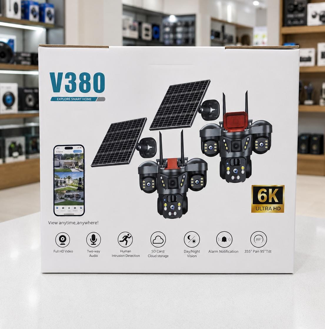 V380 6K Ultra HD Smart Solar Security Camera with 3 Lenses & 360° Rotation