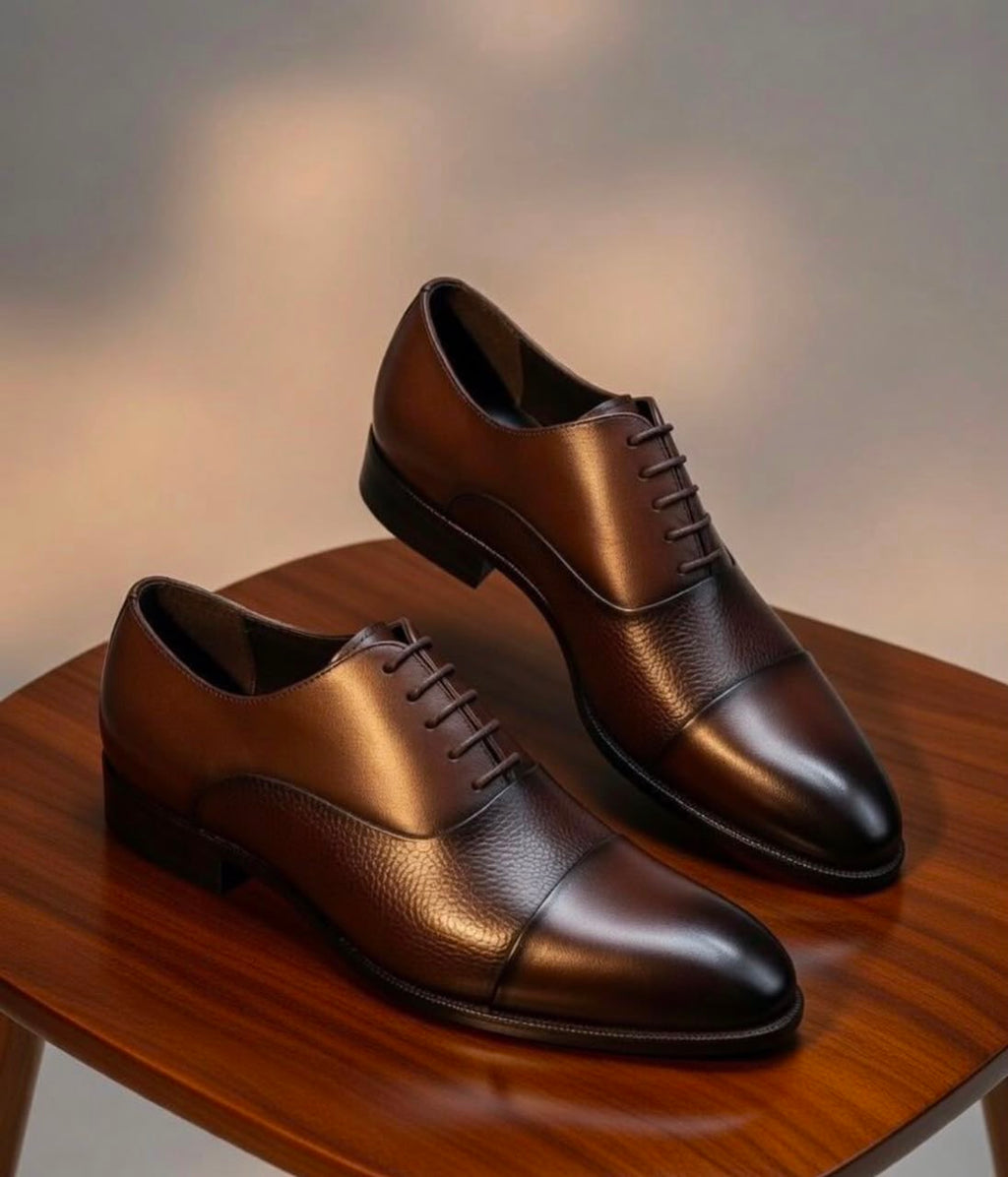 Dark Brown Pebbled Grain Oxford Cap-Toe Dress Shoes