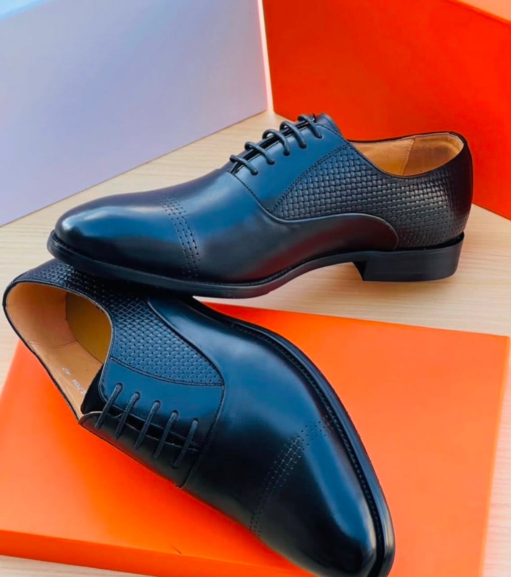 Woven Texture Cap-Toe Oxford Dress Shoes – Black & Brown
