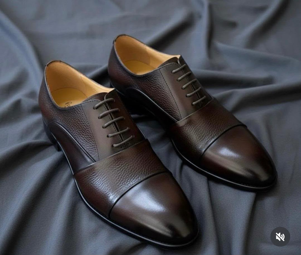 Dark Brown Pebbled Grain Cap-Toe Oxford Dress Shoes