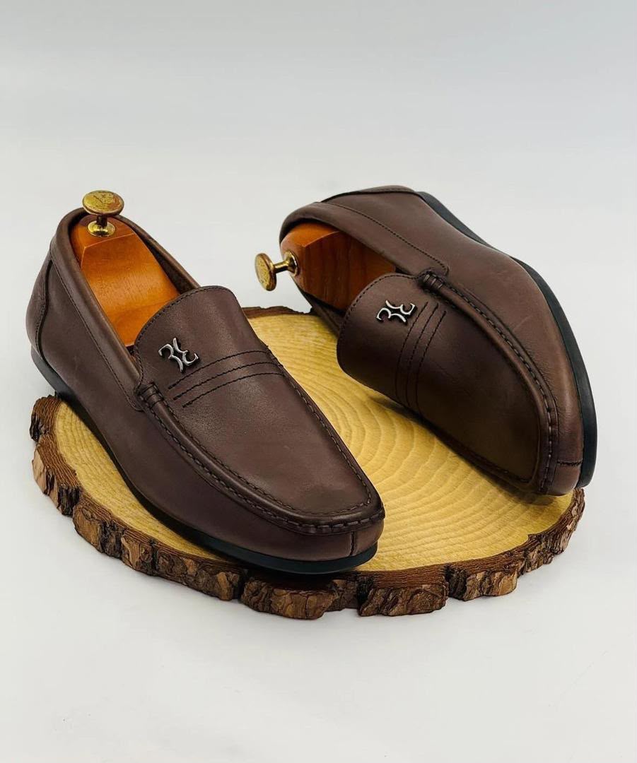 Dark Brown Leather Penny Loafer Dress Shoes with Metal Emblem