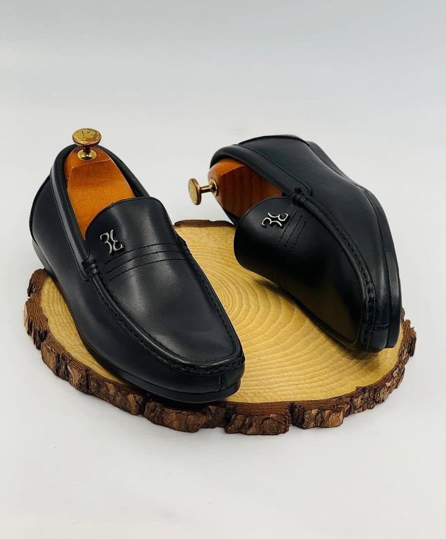 Black Leather Penny Loafer Dress Shoes with Metal Emblem