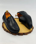 Black Leather Penny Loafer Dress Shoes with Metal Emblem