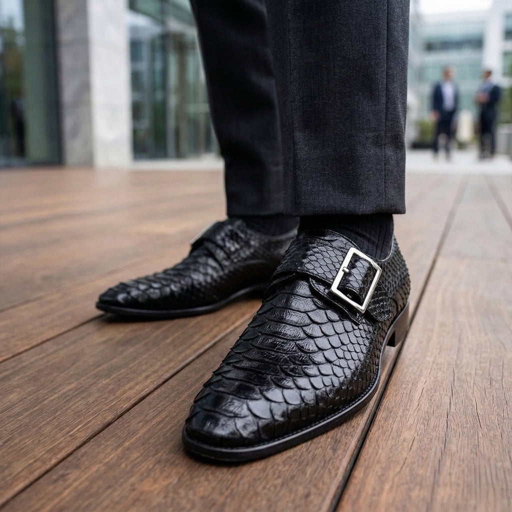 Black Python Skin Embossed Single Monk Strap Dress Shoes