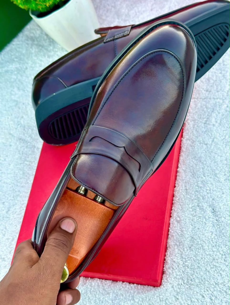 Burgundy Patina Burnished Leather Penny Loafer Dress Shoes