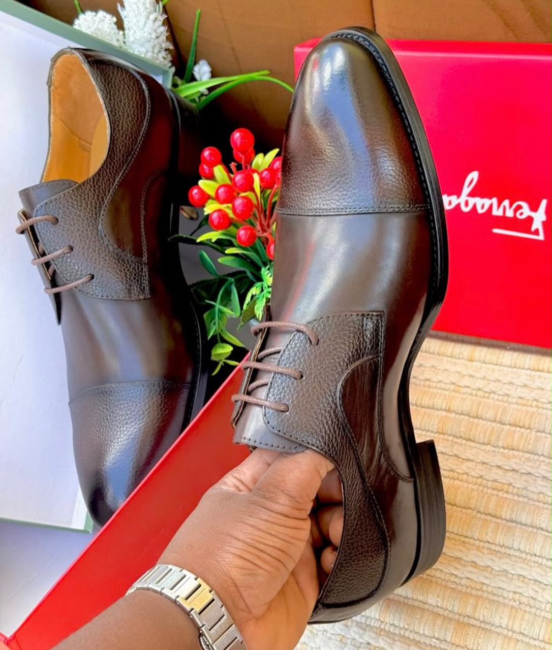 Dark Brown Pebbled Grain Cap-Toe Derby Dress Shoes