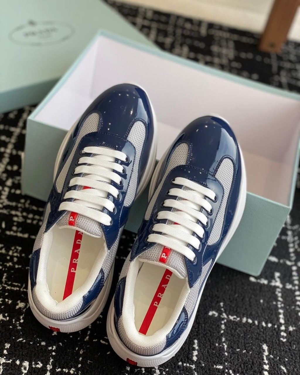 Navy Blue Patent Leather & Mesh Luxury Sneakers